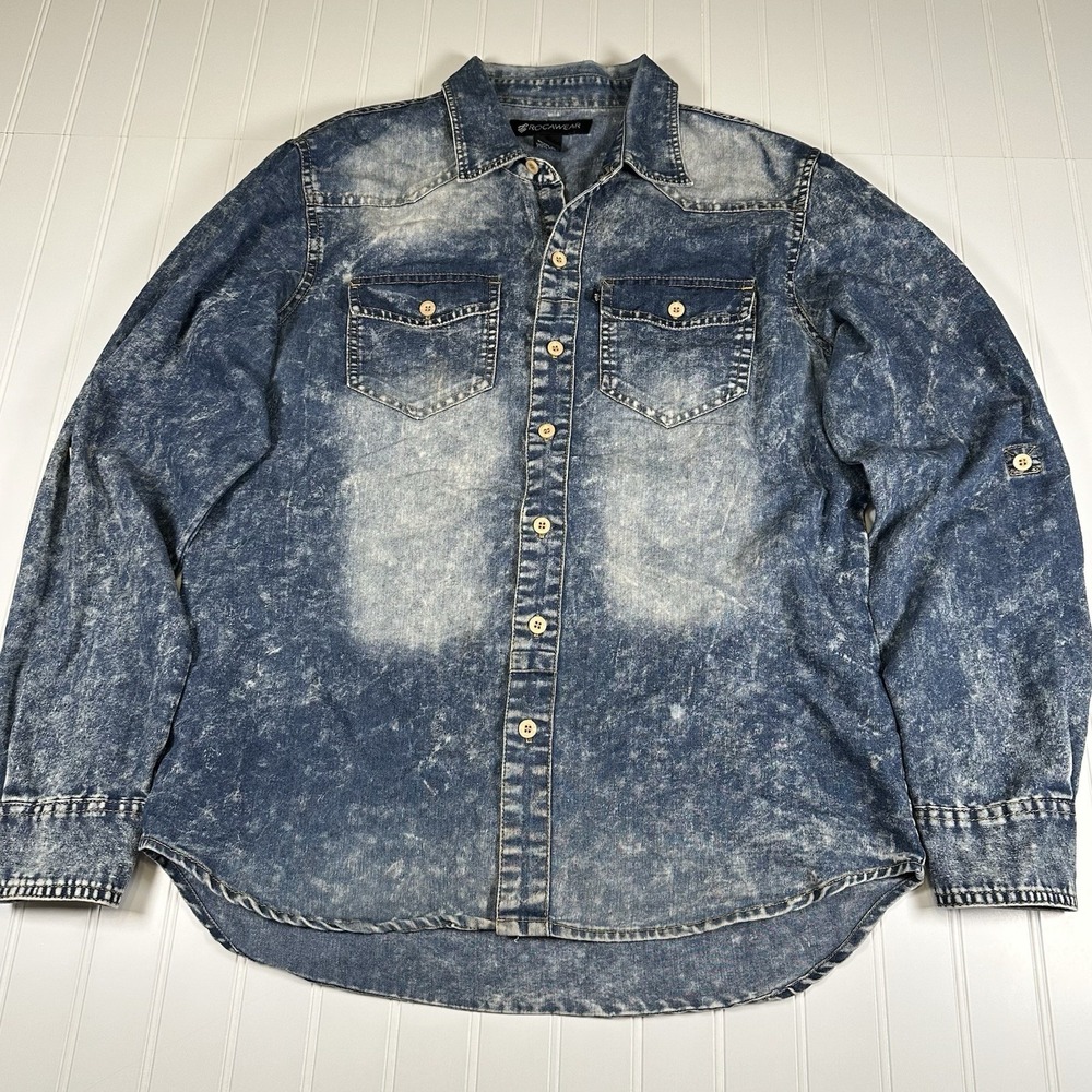 Rocawear Men's Denim Button Up Collared Long Sleeve Shirt Size Medium Y2K